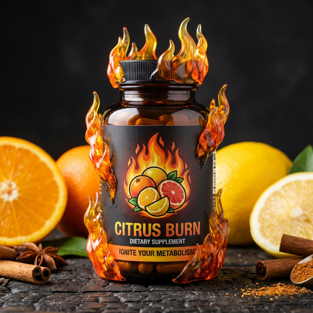 CITRUS BURN DIETARY SUPPLEMENT IGNITE YOUR METABOLISM bottle surrounded by orange flames and citrus.